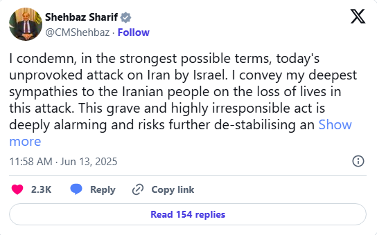 PM Shehbaz Condemns Israeli Strikes on Iran, Urges Global Action